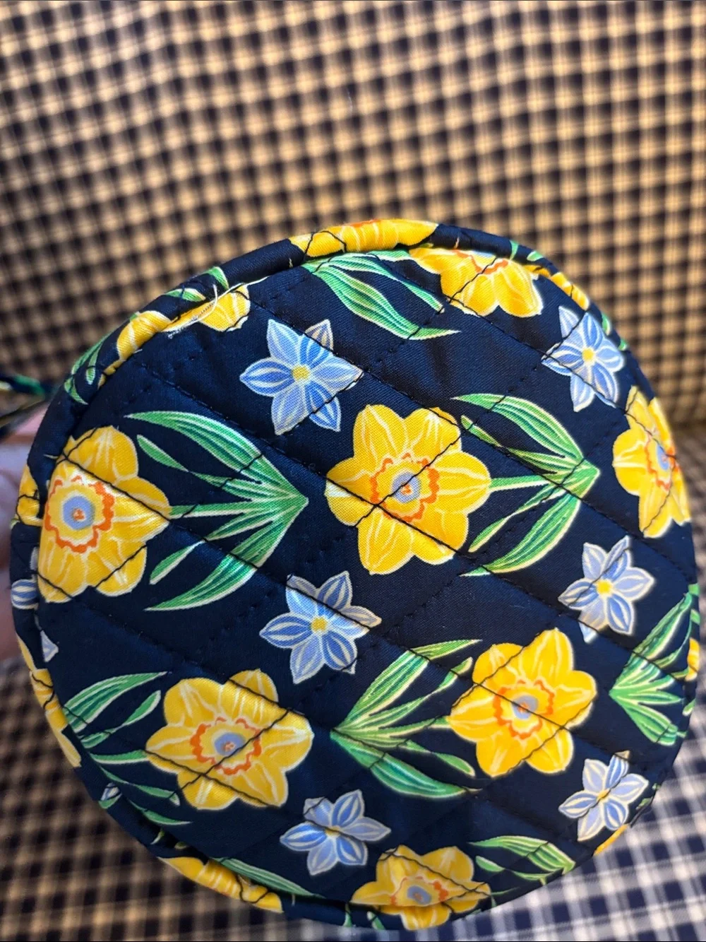 Vera Bradley Quilted Cylinder Cosmetic Case - Navy with Yellow Floral